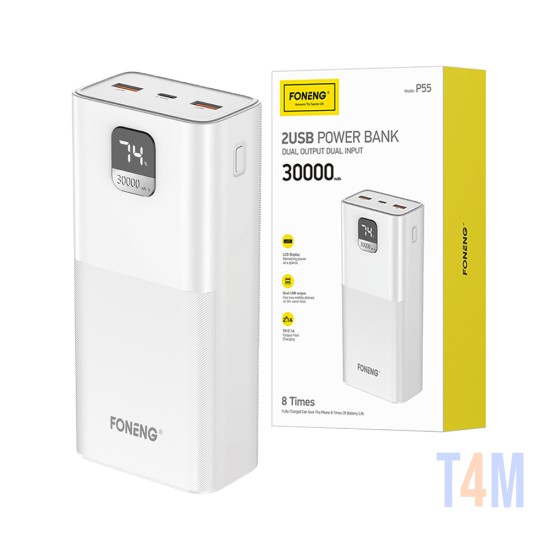 Banco de Potência Foneng P55 com Display LCD Digital e Dual USB 30000mAh 22,5W Branco